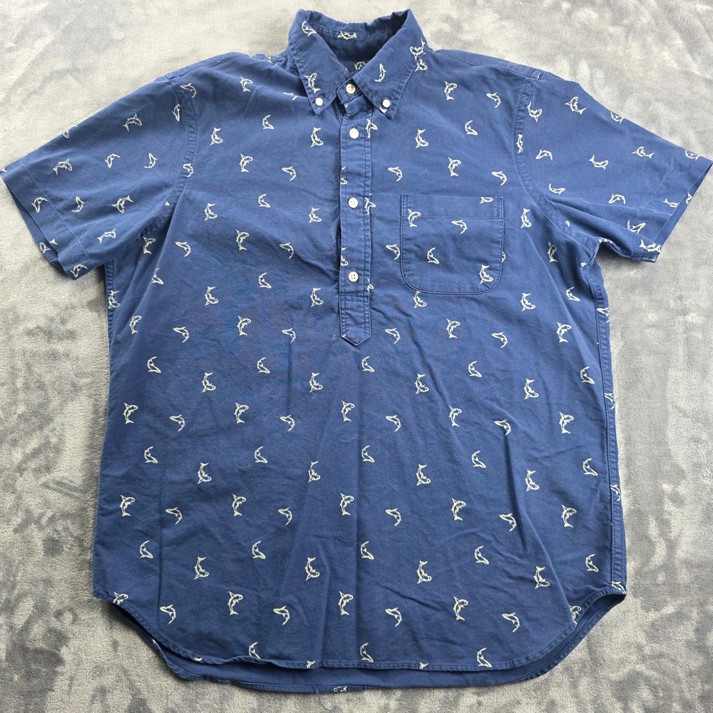 Ralph Lauren Popover Shirt Mens M Blue Shark All Over Print Short Sleeve Cotton